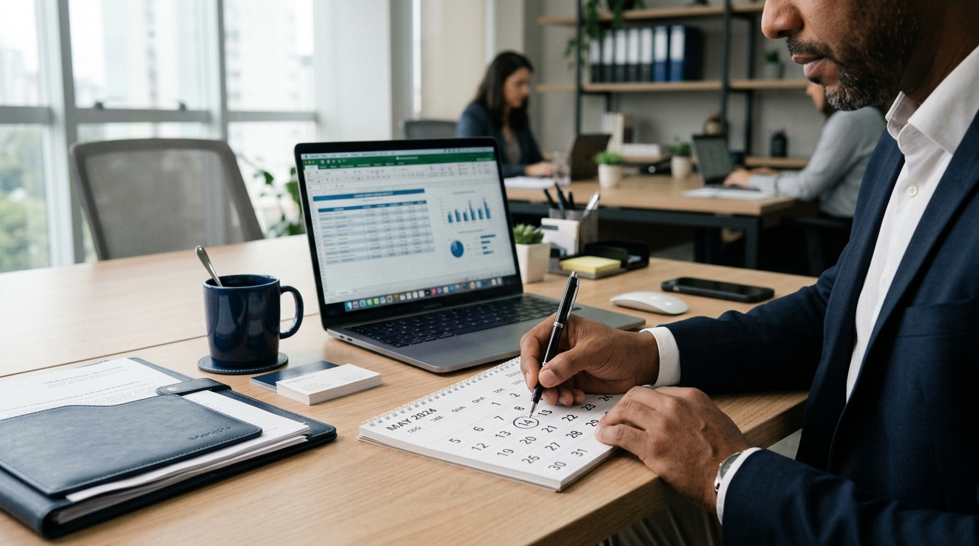 Empresário marcando datas em um calendário de mesa ao lado de um laptop com planilhas